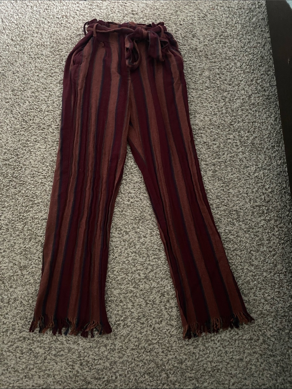 Lulu's Burgundy & Brown Striped Paperbag Waist Trousers
